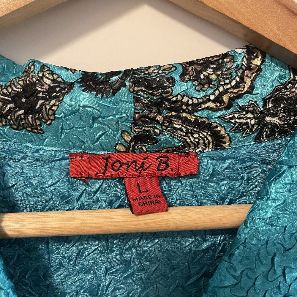 Joni B Turquoise Crinkle Button Down Blouse Dressy Silky Printed Women’s Size L - Picture 6 of 8